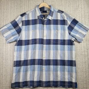 Tommy Bahama Shirt Mens‎ XL Blue Plaid Silk Cotton Short Sleeve Button Up Casual